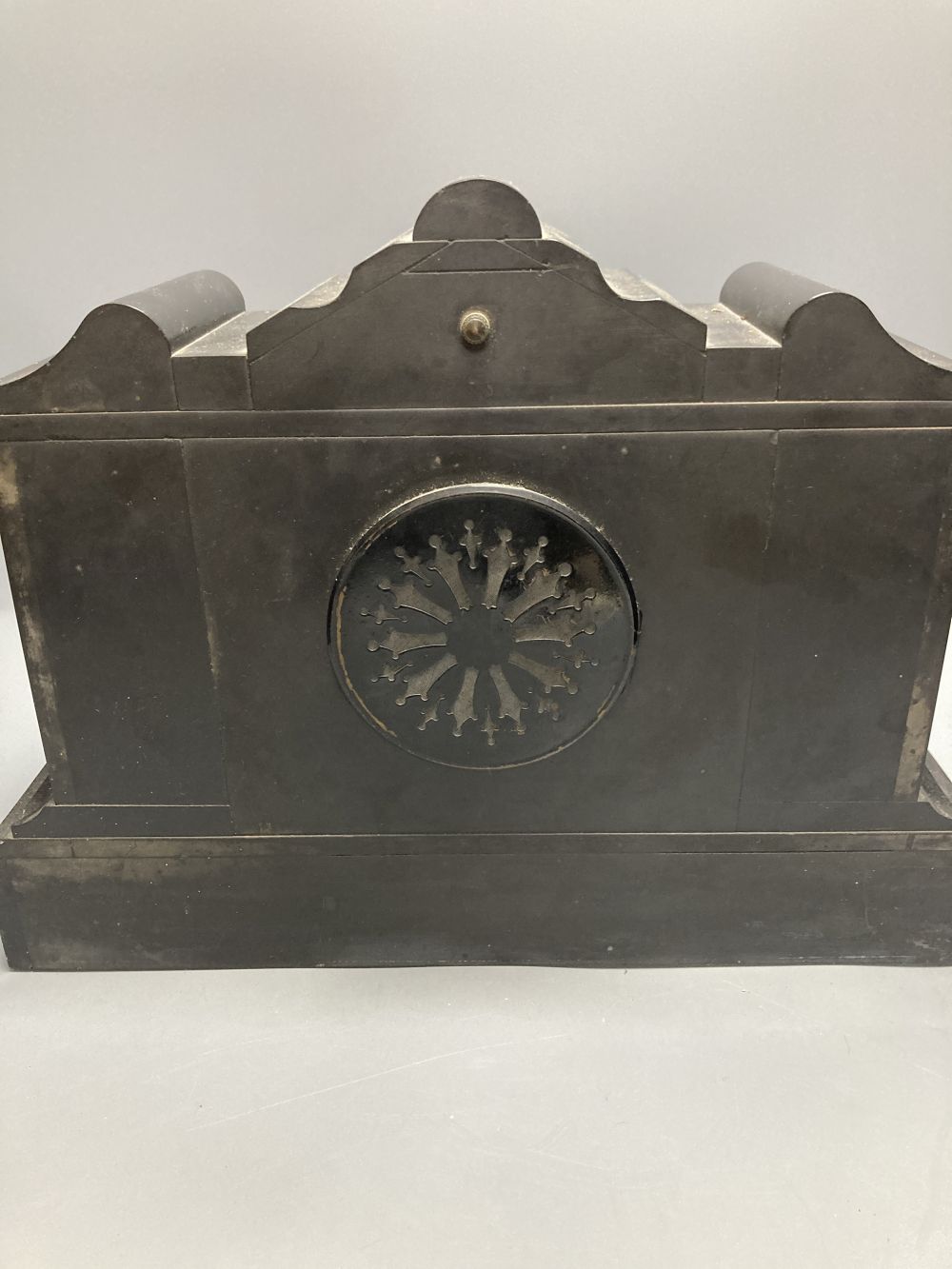 A Victorian black slate mantel clock, 43cm wide, 33cm high